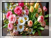 Tulipany, Bukiet, Kolorowe, Koszyk, Róże, Stokrotki, Kwiaty