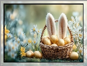 Koszyk, Wielkanoc, Białe, Złote, Kwiaty, Grafika AI, Uszy królika, Jajka