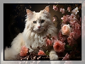 Biały, Kot, Kwiaty, Długowłosy, Róże