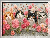 Róże, Płot, Cztery, Koty