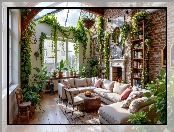 Salon, Krzesła, Kominek, Kanapa, Kwiaty