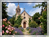 Drzewa, Kościół, Lawenda, Krzewy, Róże, Kwiaty