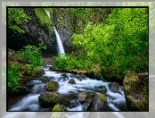 Wodospad, Skały, Stany Zjednoczone, Rzeka, Oregon, Rośliny, Upper Horsetail Falls, Kamienie, Zielone, Krzewy