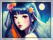 Dziewczyna, Księżyc, Chmury, Kwiaty, Anime