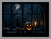 Świeca, Kot, Halloween, Księżyc, Świecąca, Dynia, Okno