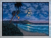 Księżyc, Plaża, Palmy, Pochodnie, Morze