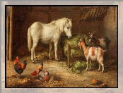 Malarstwo, Kury, Stodoła, Obraz, Edgar Hunt, Koń, Kozy