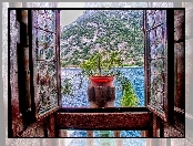 Kwiat, Okno, Chorwacja, Góry, Hotel, Jezioro