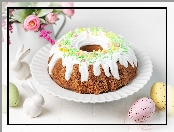 Zajączki, Babka, Talerz, Dzbanek, Ciasto, Lukier, Pisanki, Kwiatki