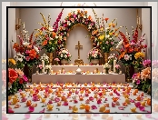 Kwiaty, Płatki, Ołtarzyk, Kwiatów, Świece, Bukiety, Krzyż