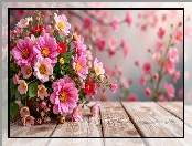 Różowe, Bukiet, Deski, Kwiaty, Grafika AI