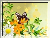 Żółte, Art, Kwiaty, Motyl