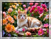 Spojrzenie, Kwiaty, Biało-rudy, Kot