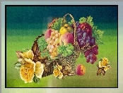Grafika, Kwiaty, Kosz, Róże, Vintage, Owoce, Winogrona, Brzoskwinie
