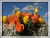 Kwiaty, Gipsówka, Bukiet, Róże