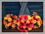 Kwiaty, Róże, Bukiet, Gerbera