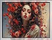 Kobieta, Kwiaty, Czerwone, Makijaż, Róże