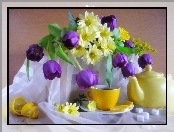 Kwiaty, Dzbanek, Fioletowe, Tulipany