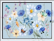 Grafika, Motyle, Kolorowe, Kwiaty