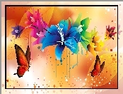 Grafika, Kwiaty, Motyle
