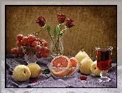 Kwiaty, Winogrona, Gruszki, Grejfruty, Wino