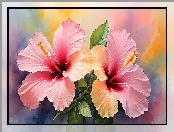 Hibiskus, Grafika, Różowe, Kwiaty