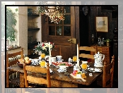 Kwiaty, Jadalnia, Stół, Jedzenie, Krzesła