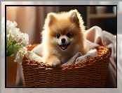 Białe, Pies, Koc, Kwiaty, Kosz, Szpic miniaturowy