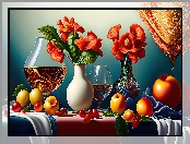 Kwiaty, Digital Art, Owoce, Stół, Jabłka, Kompozycja, Kieliszki, Wazony