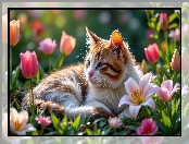 Leżący, Kwiaty, Lilie, Kot, Tulipany