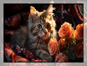 Puszysty, Kwiaty, Pomarańczowe, Kot, Róże