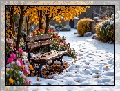 Drzewa, Śnieg, Pożółkłe, Ławka, Liście, Park, Krzewy, Kwiaty