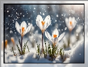 Białe, Kwiaty, Śnieg, Krokusy, 2D
