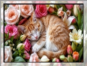 Kot, Kwiaty, Śpiący, Rudo-biały