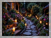 Świece, Ścieżka, Ogród, Kwiaty