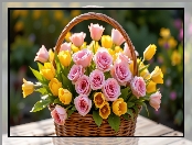 Wiklinowy, Koszyk, Żółte, Kwiaty, Różowe, Róże, Tulipany