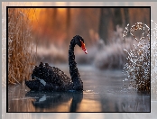 Czarny, Staw, Zarośla, Łabędź, Grafika AI