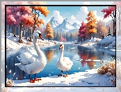 Jezioro, Drzewa, Ptaki, Łabędzie