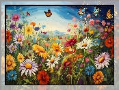Motyle, Grafika, Kwiaty, Łąka