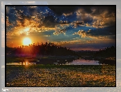 Jezioro, Stan Arizona, Stany Zjednoczone, Lake Sierra Blanca, Zachód słońca, Drzewa, Chmury