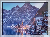 Śnieg, Hallstatt, Jezioro, Austria, Góry, Kościół, Hallstattersee Lake