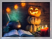 Świece, Halloween, Dynie, Lampion, Książka