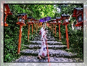 Kimono, Azjatka, Lampy, Parasol, Japonia, Kobieta, Kioto, Schody, Świątynia Kifune Shrine