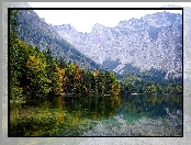 Austria, Drzewa, Odbicie, Gmina Ebensee, Jesień, Góry, Jezioro Hinterer Langbathsee