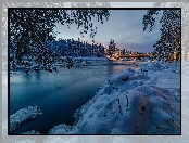 Zima, Oulu, Drzewa, Finlandia, Śnieg, Most, Rzeka Oulujoki, Las