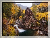 Jesień, Góry,  Stany Zjednoczone, Drzewa, Las, Kryształowy Młyn, Młyn Crystal Mill, Rzeka Crystal River, Stan Kolorado