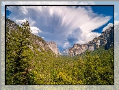 Góry, Niebo, Stany Zjednoczone, Las, Kalifornia, Park Narodowy Yosemite, Drzewa, Chmury, Dolina, Yosemite Valley