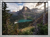 Park Narodowy Glacier, Las, Stany Zjednoczone, Drzewa, Grinnell Lake, Jezioro, Góry, Chmury, Montana