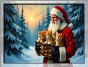 Koty, Zima, Rude, Las, Koszyk, Mikołaj