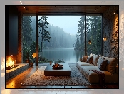 Widok, Rzeka, Salon, Las, Kanapa, Okno, Kominek